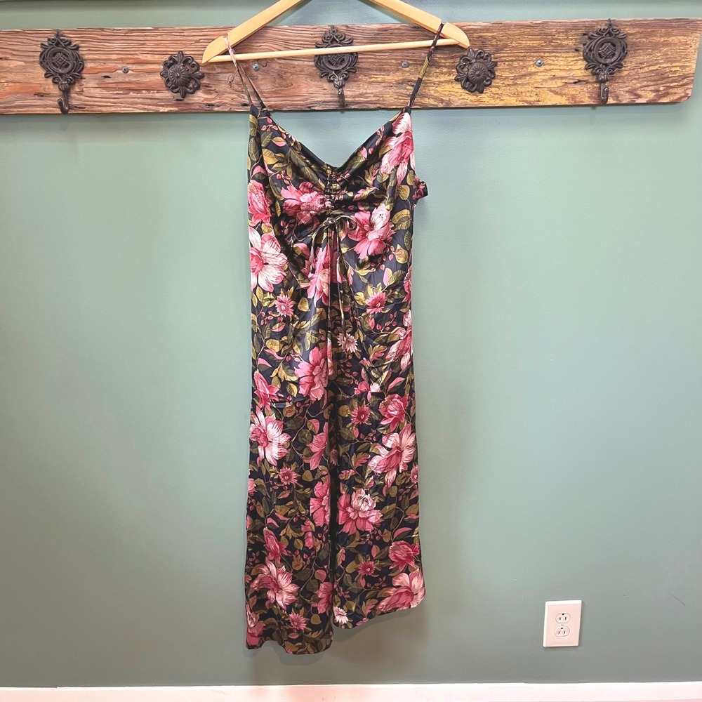 Joie Womens Floral Satin Midi Slip Dress Pink Black Ruched‎ Bust Size L